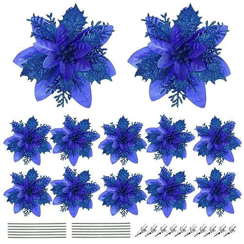 SAFIGLE 12Pcs Noël Paillettes Poinsettia Fleurs Artificielles Fleurs De Noël Mariage Arbre De Noël Fleurs Ornements Décoration De Fête avec Tiges Et Clips (Bleu)