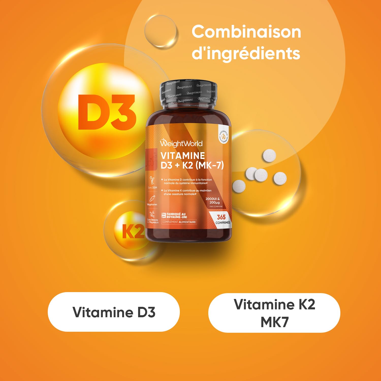 Vitamine D3 K2 MK7, 365 Micro-Comprimés Végétariens (pour 1 An), Combinaison Vit D3 2000UI Cholécalciférol avec Vitamine K2 MK7 200μg Ménaquinone, sans Stéarate de Magnésium