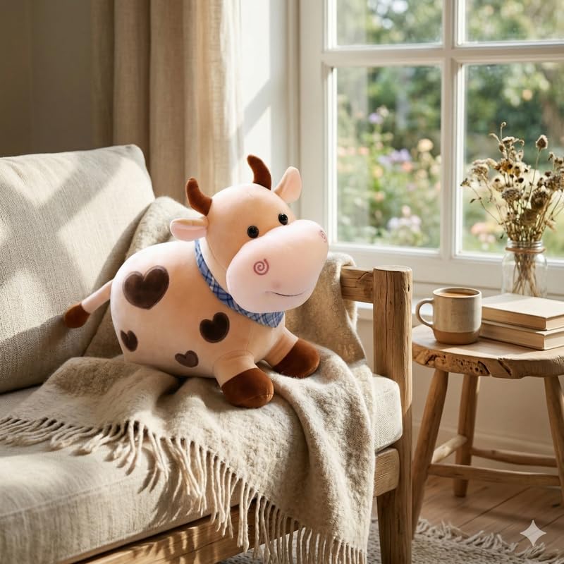 Image of HUG 'n' FEEL SOFT TOYS Brown Cow Soft Toy Plush Stuffed Animal - Lightweight Cute Huggable Cow Doll for Kids, Babies & Girls | Birthday Gift & Room Decor