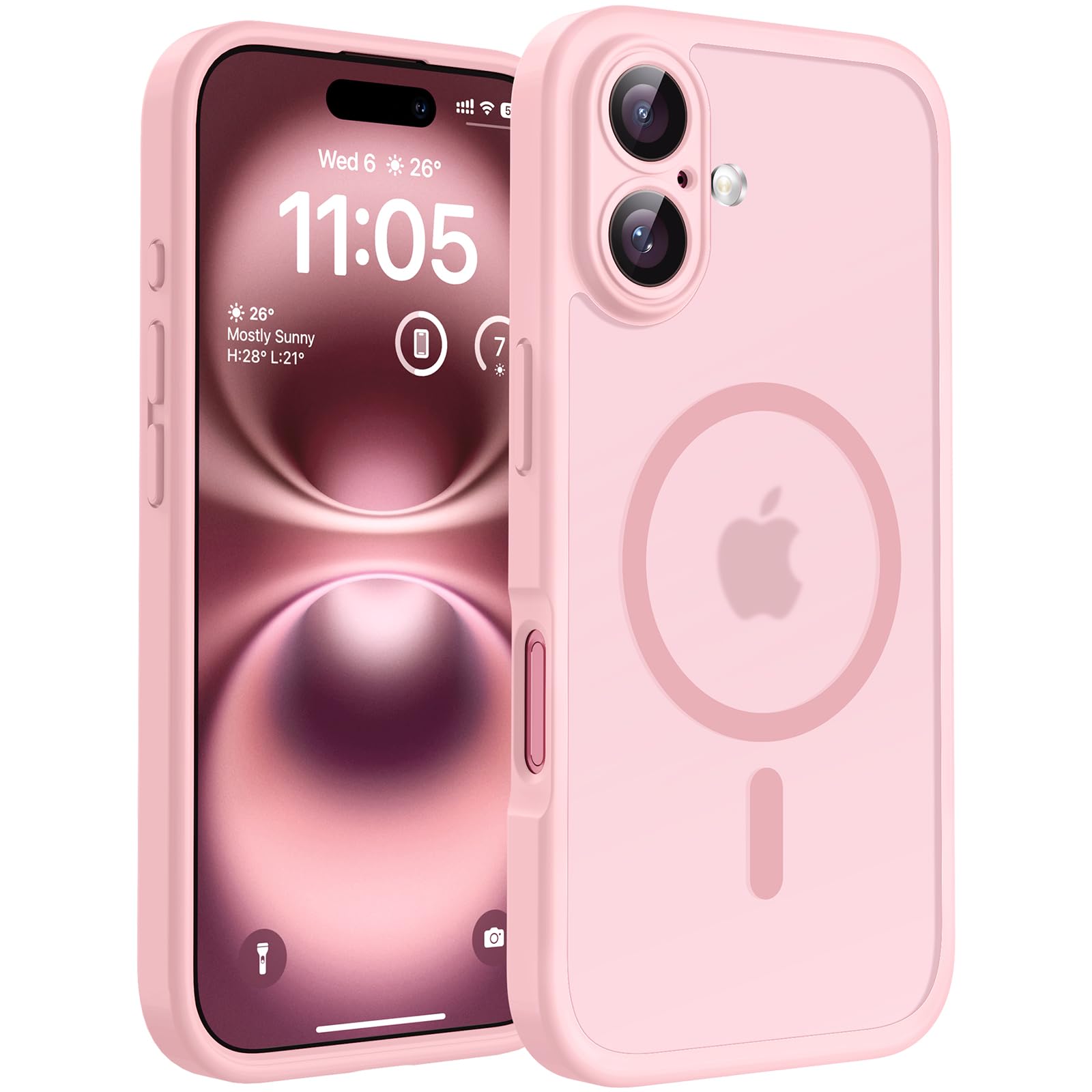 TOCOL Cover Magnetica per iPhone 16 6,1 Pollic, Compatibile con MagSafe, Protezione Fotocamera Integrata, Custodia Antiurto Traslucida Opaca, Rosa Chiaro