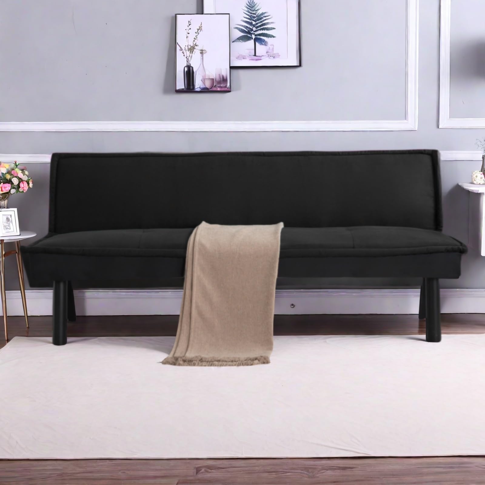 FONTOI Sofa Bed Couch Futon, 64.6" Convertible Sleeper Sofa with 5 Positions Adjustable Backrest, Velvet Couch Bed with Solid Wood Frame for Home Office Living Room Guest Dorm, Black