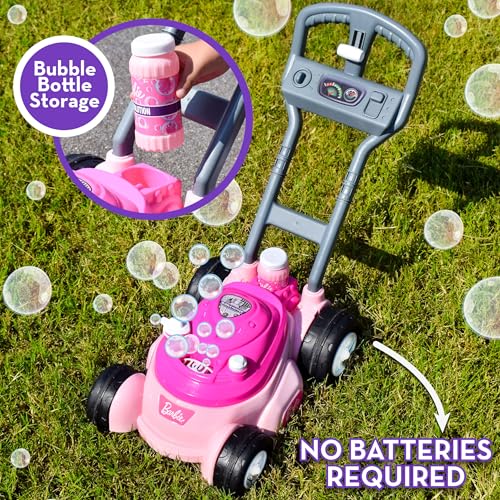 Barbie Bubble Lawn Mower for Toddlers, Bubble Blowing Machines, Indoor and Outdoor Gardening Toy, Birthday, Party Favor for Preschool Girls, No Batteries Required, Includes Bubble Solution, 2+ - image 2