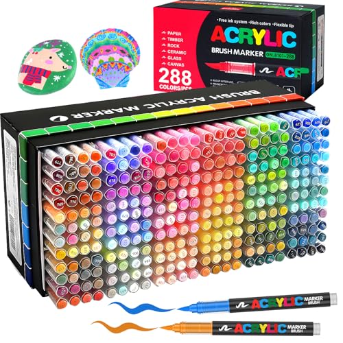 Efimeso 288 Couleurs Feutre Acrylique, Marqueur Peinture Acrylique à Pinceau à Base D'eau, Acrylic Paint Marker pour Roche, Toile, Bois, Pierre, Céramique, Verre, Tissu