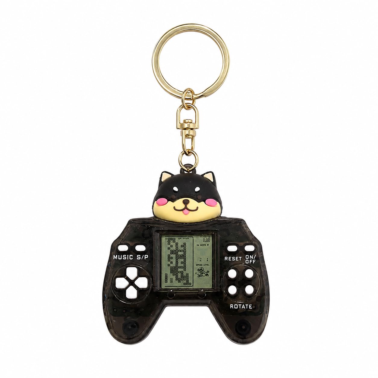 mini console game keychain, black dog design, lcd screen, retro handheld game with gold ring (random colour)