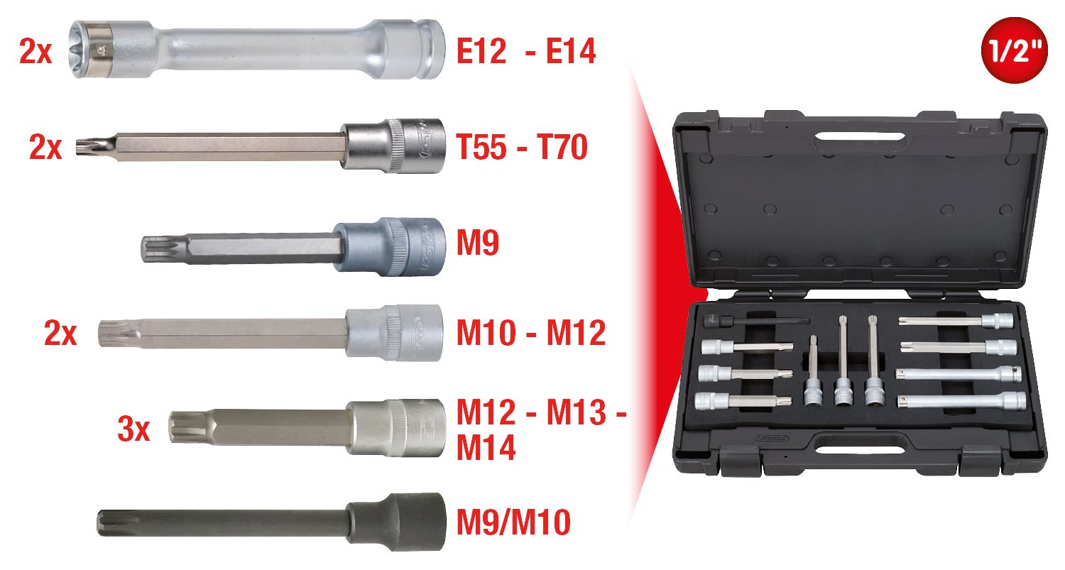 KS Tools 911.4460 Zestaw kluczy nasadowych do śrub głowicy cylindra 11-szt, 1/2"