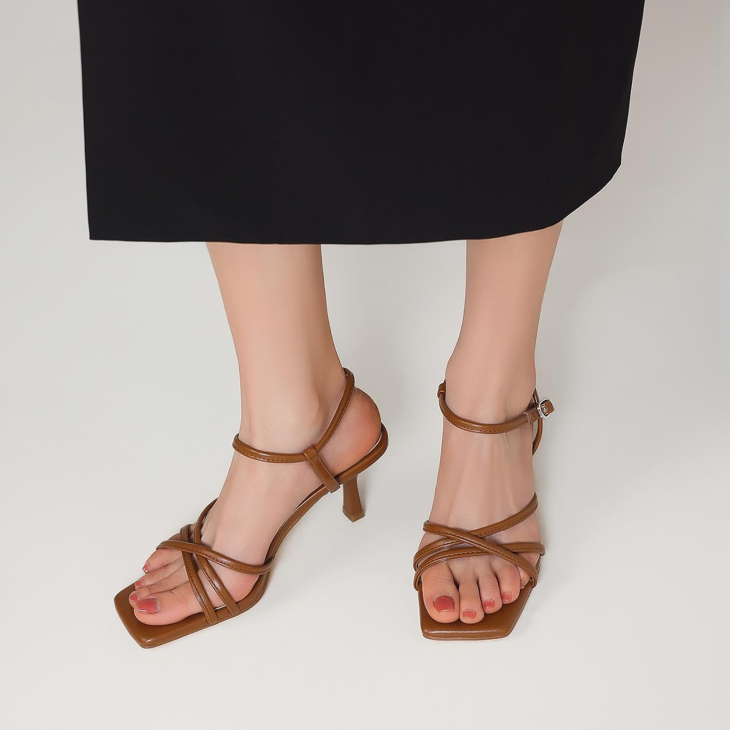 Women's Sandals Square Open Toe Kitten Heels Strappy Ankle Strap Heeled Sandals for Women Comfy Weddings Shoes - Image 6