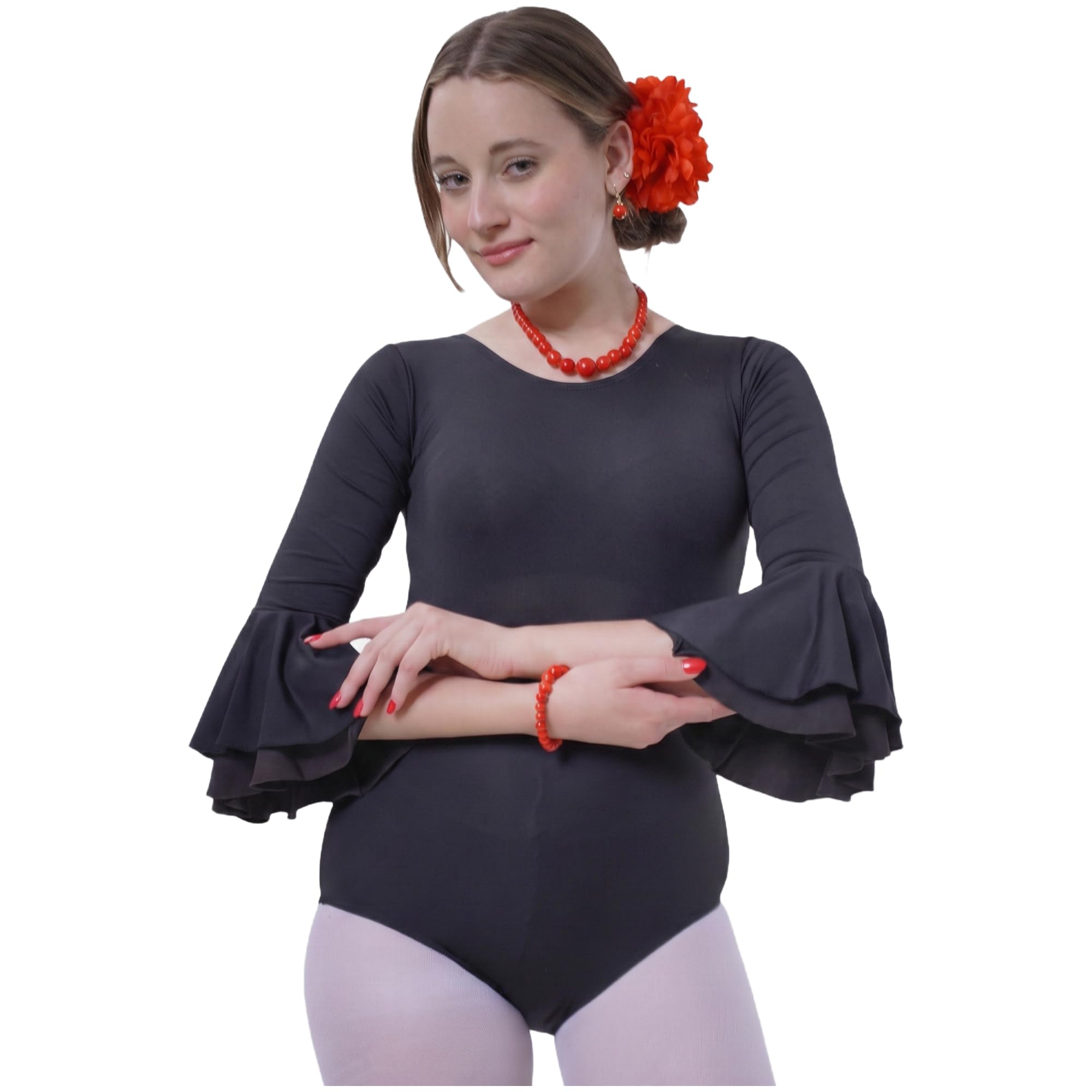 Carnavalife Body flamenco mujer negro maillot danza manga larga con volante, leotardo gimnasia ballet sevillanas, escote redondo, ribete rojo — view 7