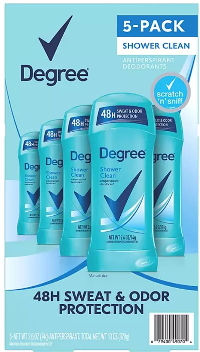 Degree Antiperspirant Deodorant, Shower Clean, 2.6 Ounce (Pack of 5)