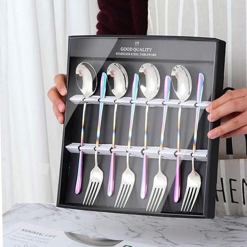 Vista 40 de Buyer Star Juego de cucharas y tenedores de acero inoxidable 18/10, cambio gradual, cuchara y tenedor de mango largo, color degradado, juego