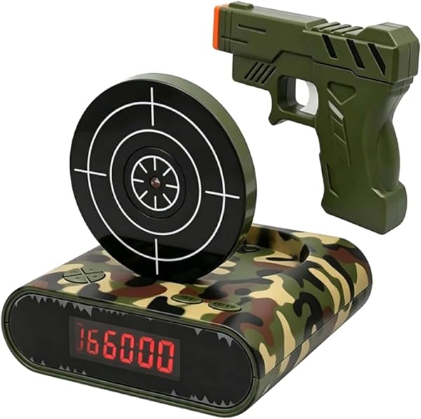 Gun and Target Réveil 2 en 1 pour jeu de tir interactif avec écran LED créatif avec sonneries personnalisables, enregistrement, 2 modes pour chambre à coucher (style C) - 1