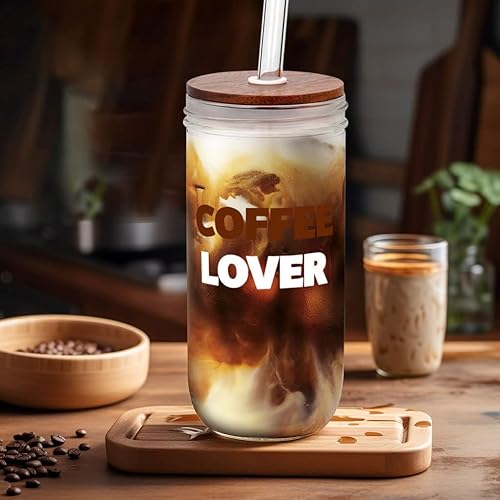 Miniatura 4 de ANOTION Taza de café helado, tarro Mason con tapa y pajilla, vaso de boca ancha de 24 onzas, vasos reutilizables para beber batidos y agua, botellas