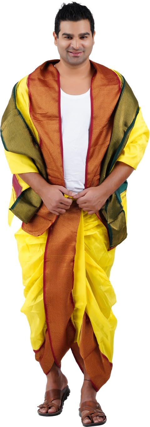 Prakasam Cotton Mens Asha Silk Panchakacham Ready To Wear Dhoti Towel Set With Pocket/Panchakacham Dhoti With Angavastram (Stitched Dhoti With Pocket