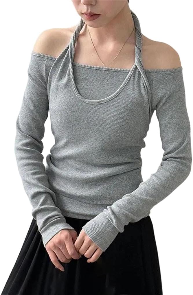 Women's Cotton Hollow Shoulder Long Sleeve T-Shirt Neck Chic Tops and Blouses T-Shirt