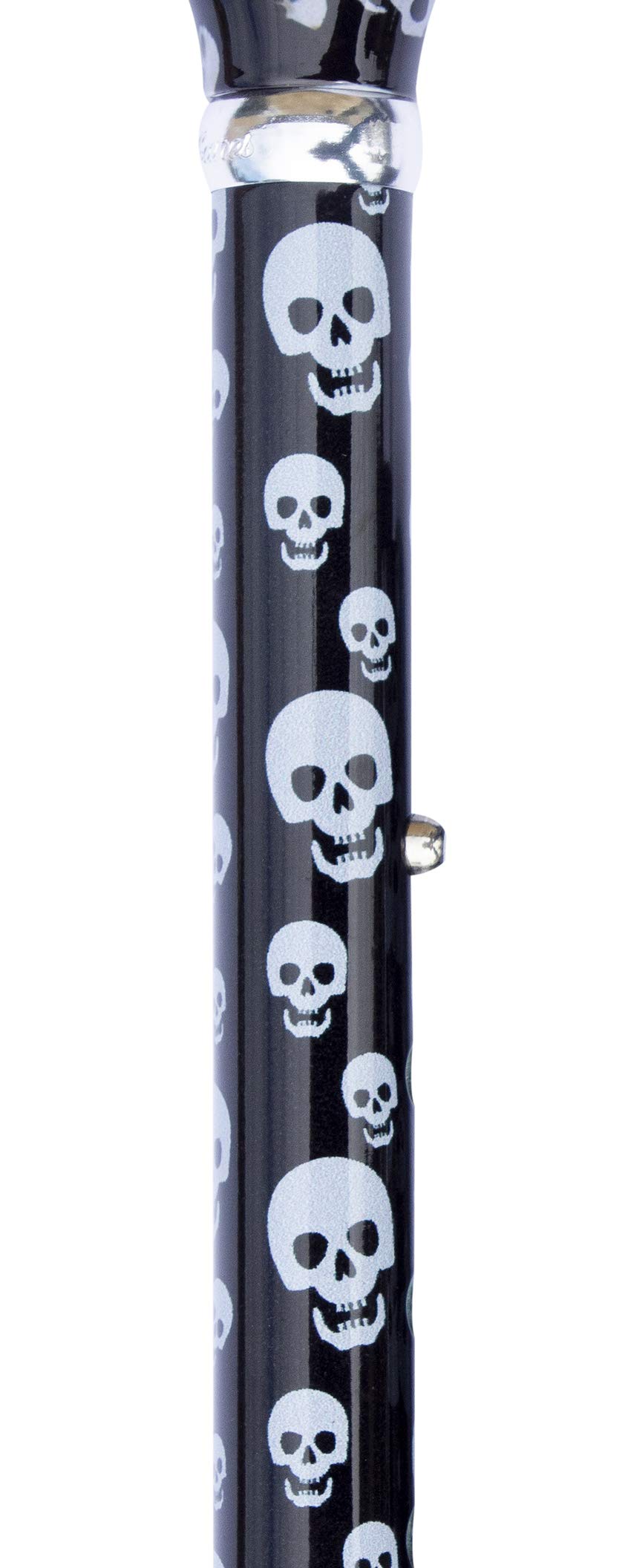 Design Faltstock SKULL von Stockshop farbig, gothic, modisch, höhenverstellbar, Derbygriff, Leichtmetall, Chromring, Damen und Herren, Gummipuffer.