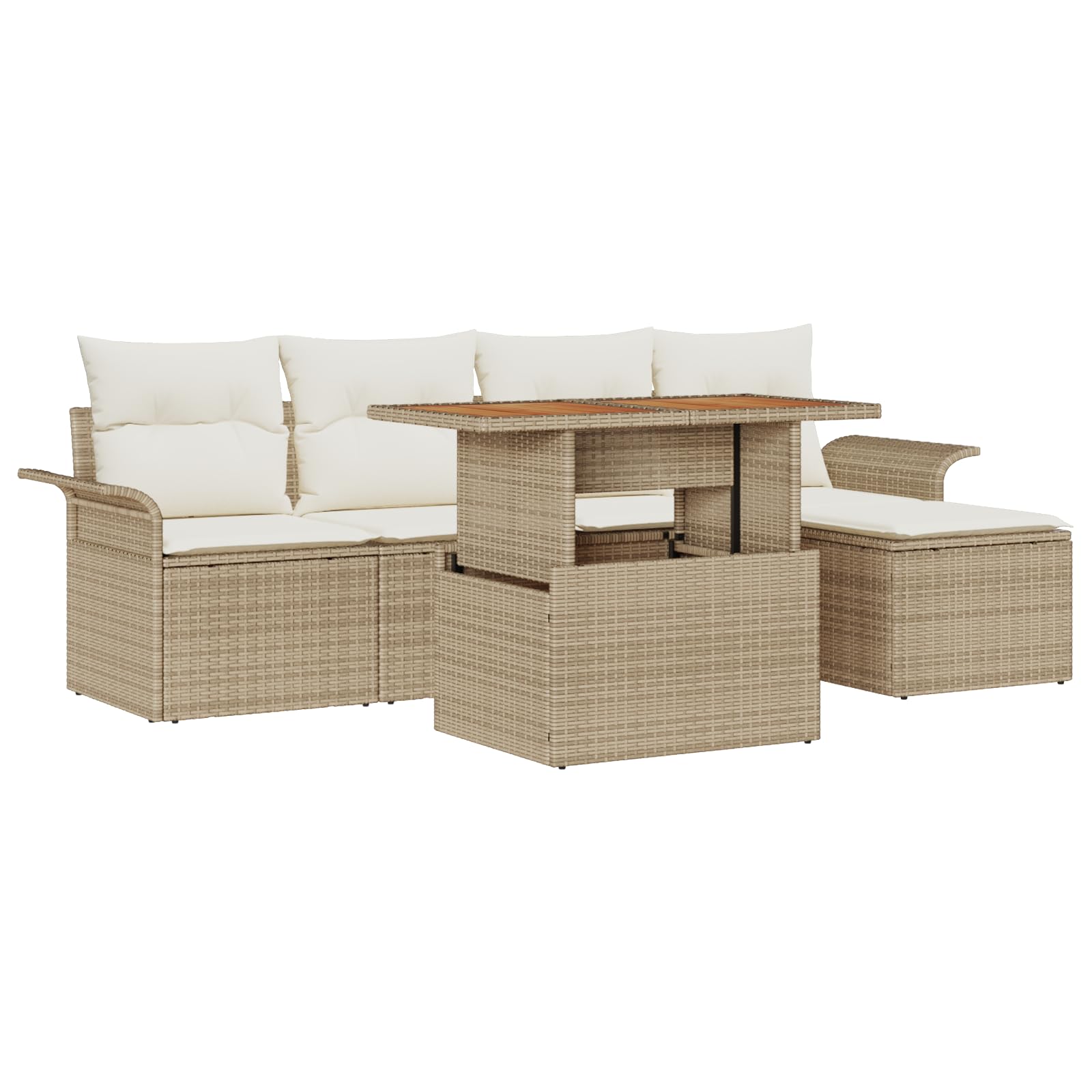 Juego de 6 sillas de comedor de jardín con cojines beige de polirratán de acacia para exteriores, resistente a la intemperie