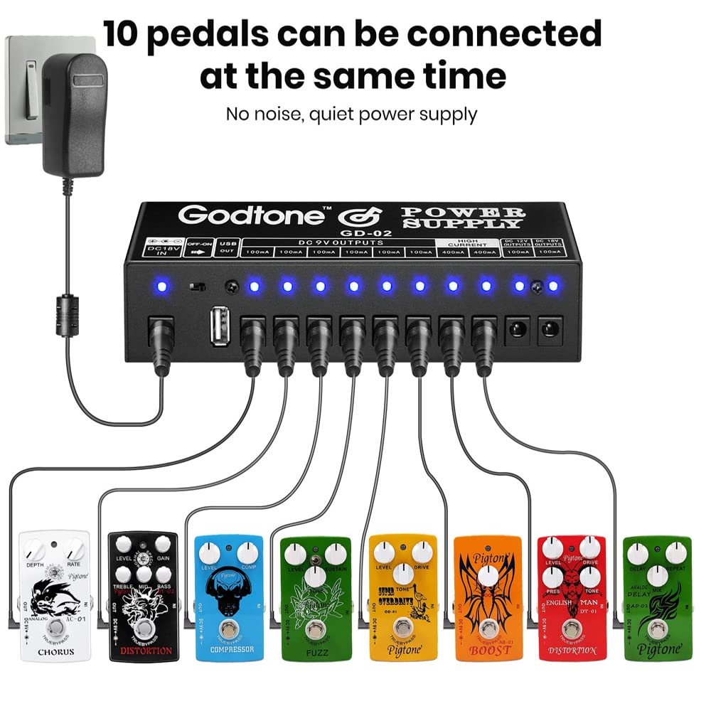 Alimentatore a pedale per chitarra, 10 uscite CC isolate per 9 V/12 V/18 V, 100 mA 400 mA, con USB (5V2A) GD-02
