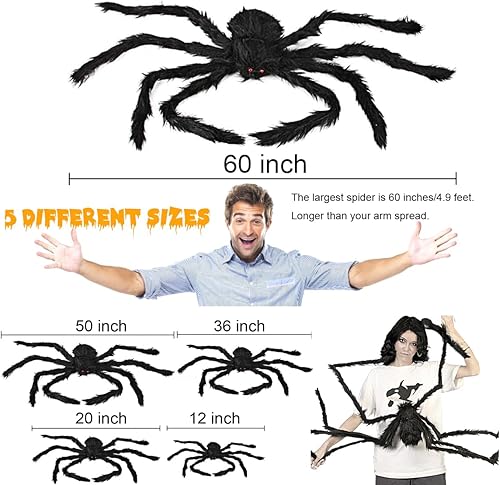 Miniatura 3 de 5 piezas de arañas falsas gigantes, arañas peludas realistas con ojos rojos, patas flexibles, accesorios de araña grandes para patio, casa