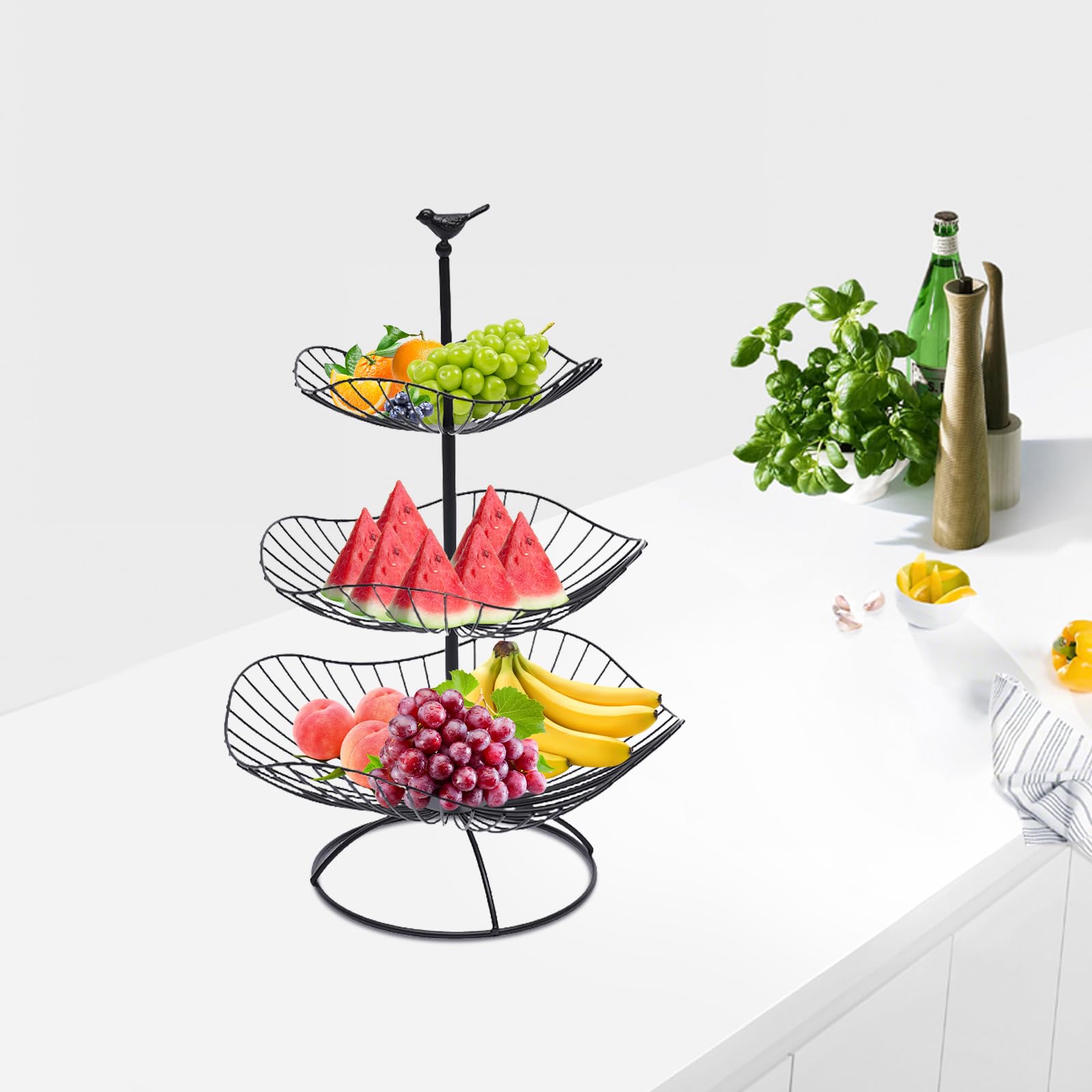 Frutero de 3 pisos, frutero de metal mate, moderno, soporte para frutas, para más espacio en la encimera, cocina, pan, aperitivos, verduras (negro), 20 x 25 x 31 cm