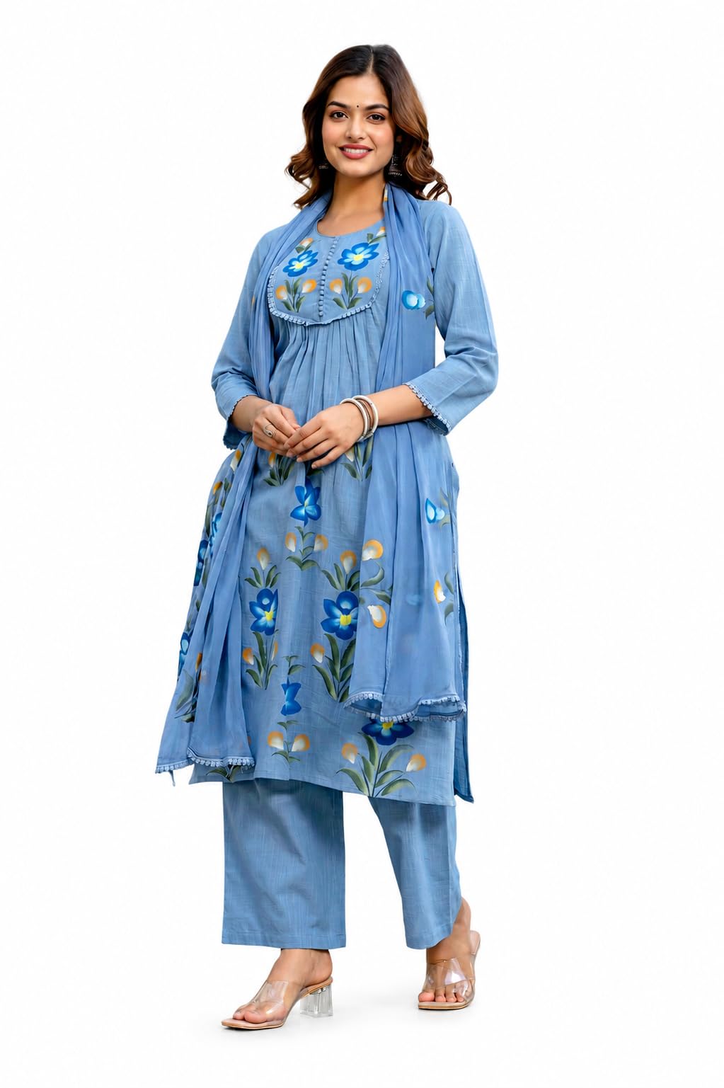 ethniflair Women Turquoise Blue Floral Printed Regular Pure Cotton A-Line Kurta Pant & Dupatta Set-picture-44