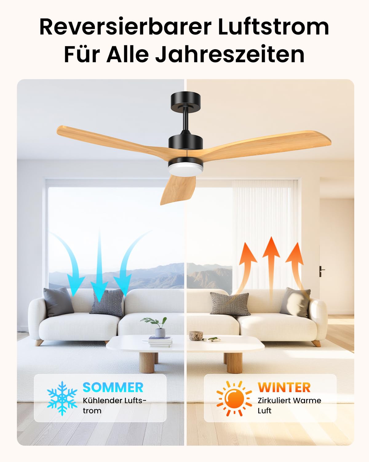 Airwit 152cm Holz Deckenventilator mit Beleuchtung, dimmbarem LED-Licht, Fernbedienung, leiser reversibler DC-Motor