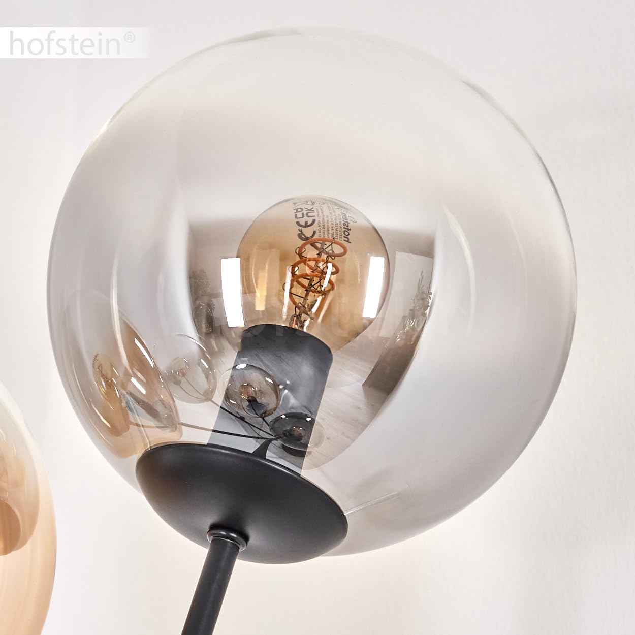 Stehleuchte Gastor, Stehlampe aus Metall/Glas in Schwarz/Bernstein/Rauch/Klar, Leuchte im Retro/Vintage-Design mit Schirmen aus Glas (Ø 15 cm) u. Fußschalter, Höhe 169 cm, 5 x E14, ohne Leuchtmittel