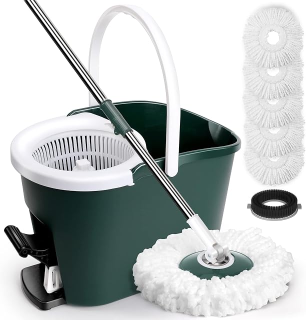 Mop and Buckets Sets, 360° Spin Mop with Foot Pedal Bucket & 5 Reusable Pads, 128cm Telescopic Handle, Mircofibre Floor Mops for Cleaning Hardwood Laminate Tile, Myiosus