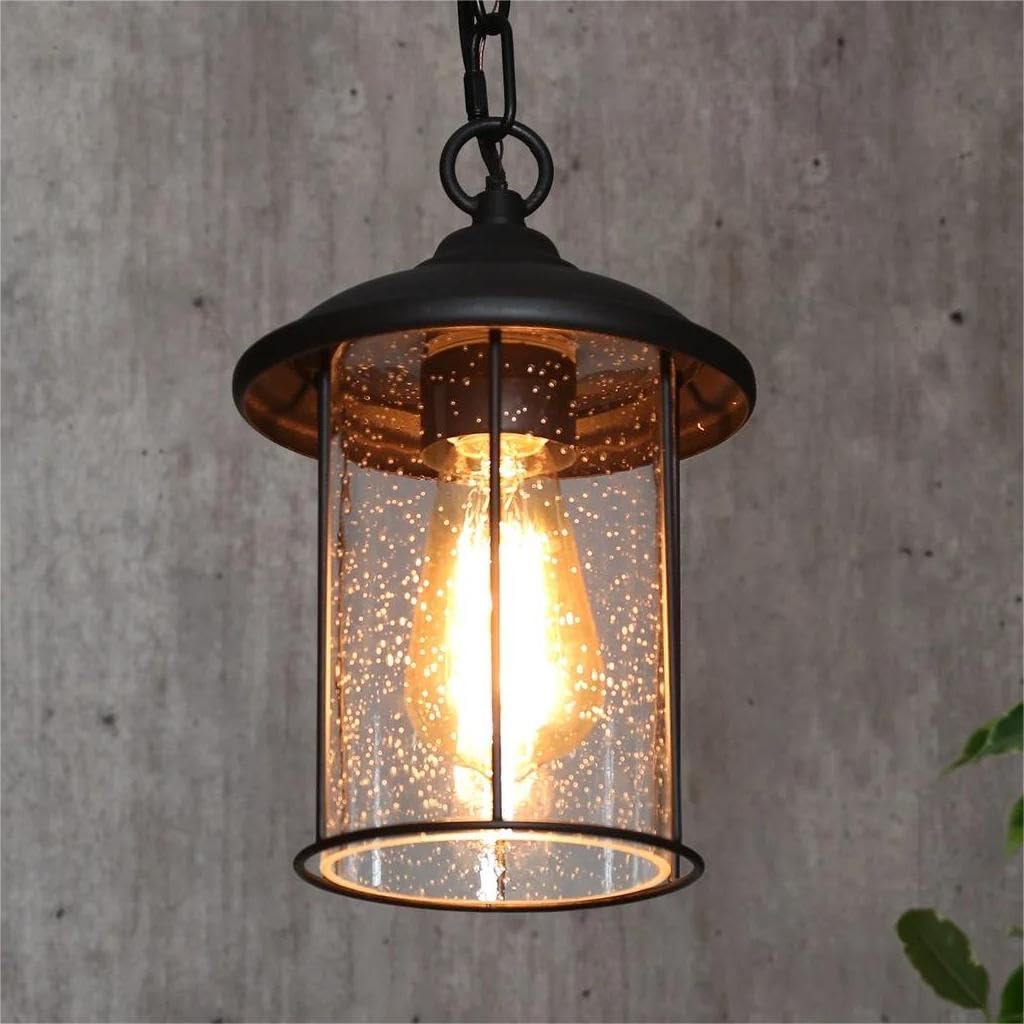 Outdoor Pendant Light, Black Exterior Light Fixture Hanging Lantern Adjustable, Modern Farmhouse Porch Lights with Seeded Glass for Porch, Doorway, Foyer