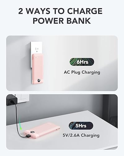 Miniatura 4 de VRURC VRURCCargador portátil con cables integrados y enchufe de pared de CA, banco de alimentación USB C de 10000 mAh, cargador de teléfono esencial
