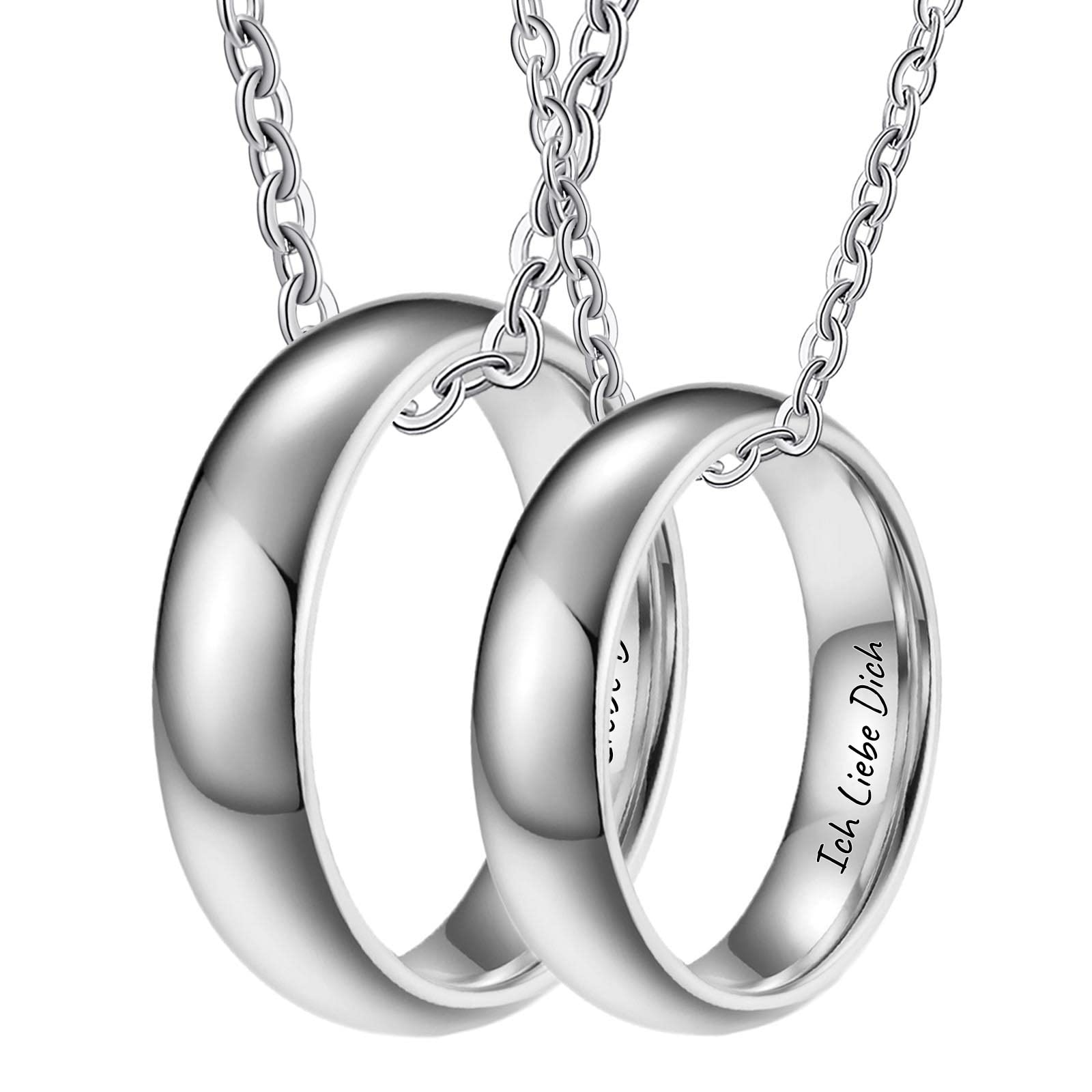 KnSam Partner Kette in Wolfram, 6MM Ring Anhänger Poliert Gravur Ich Liebe Dich Pärchen Kette für 2, Silber, Damen 54 Herren 62, 60cm & 50CM Länge