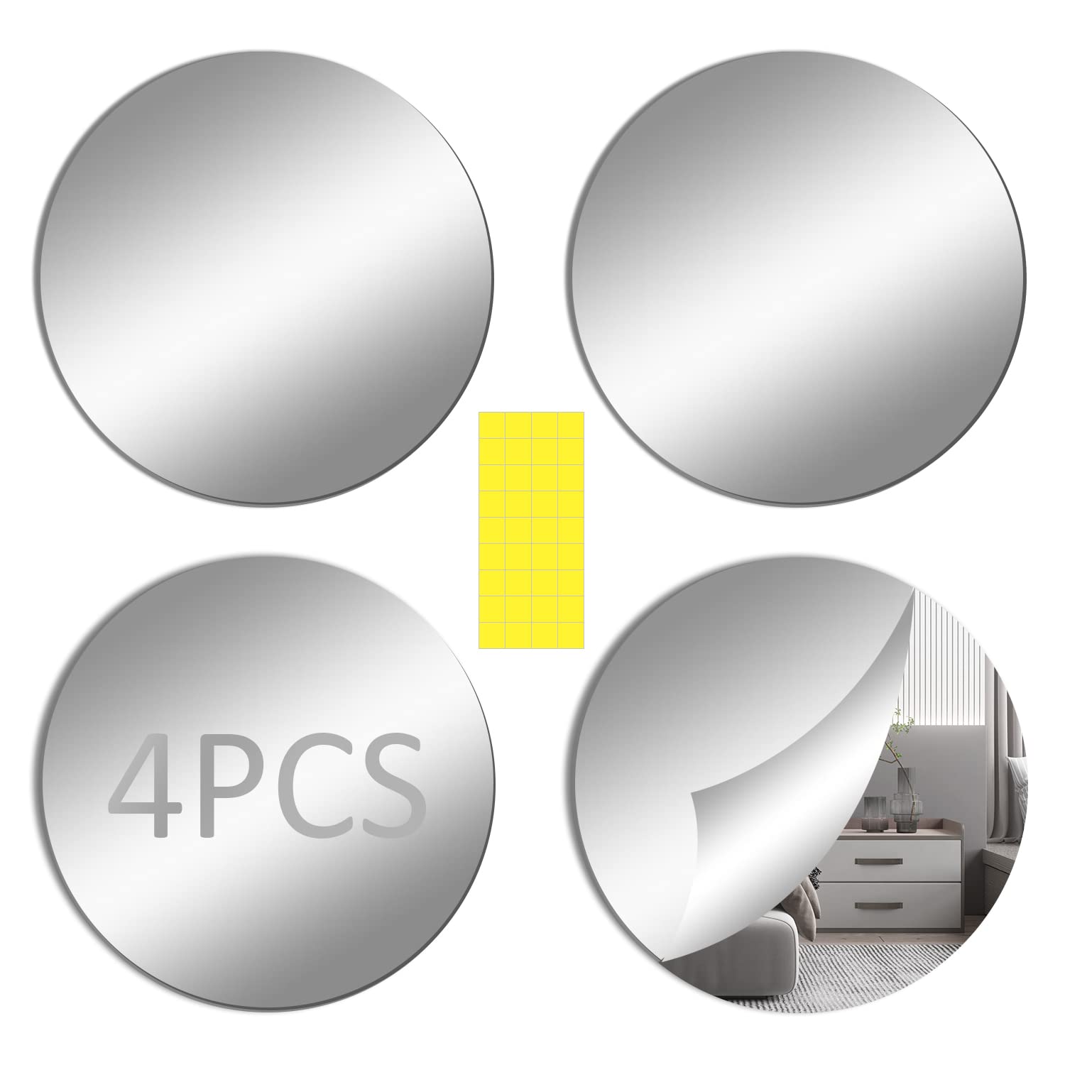 TSKDKITRound Wall Mirror Self Adhesive Large Non Glass Mirror Large Acrylic Mirror Tiles Mirror Disc 30cm Circle Mirror Sticker Decorative Mirror for Bathroom, Bedroom, Door etc(4pcs)