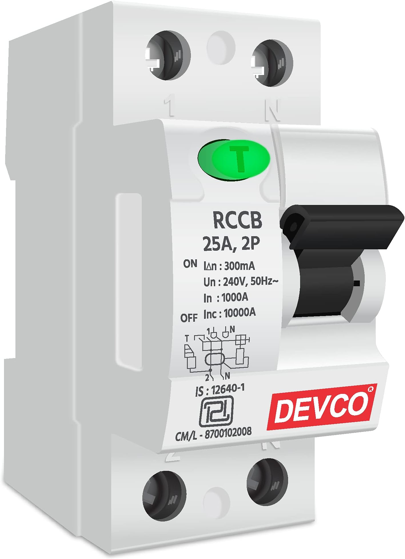 DEVCO RCCB Double Pole 25 AMP/100mA 240 V Residual Current Circuit Breaker ISI Mark MCB (White)