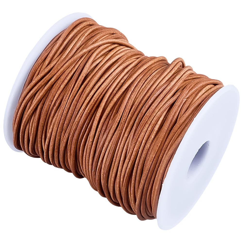 CALFOVERA 50m 2mm Peru Round Genuine Leather Cord Braiding Strip Thread Cowhide String Lace Cording Rope with Organza Gift Bags and PP Cable Ties for Jewelry Making Crafting Beading