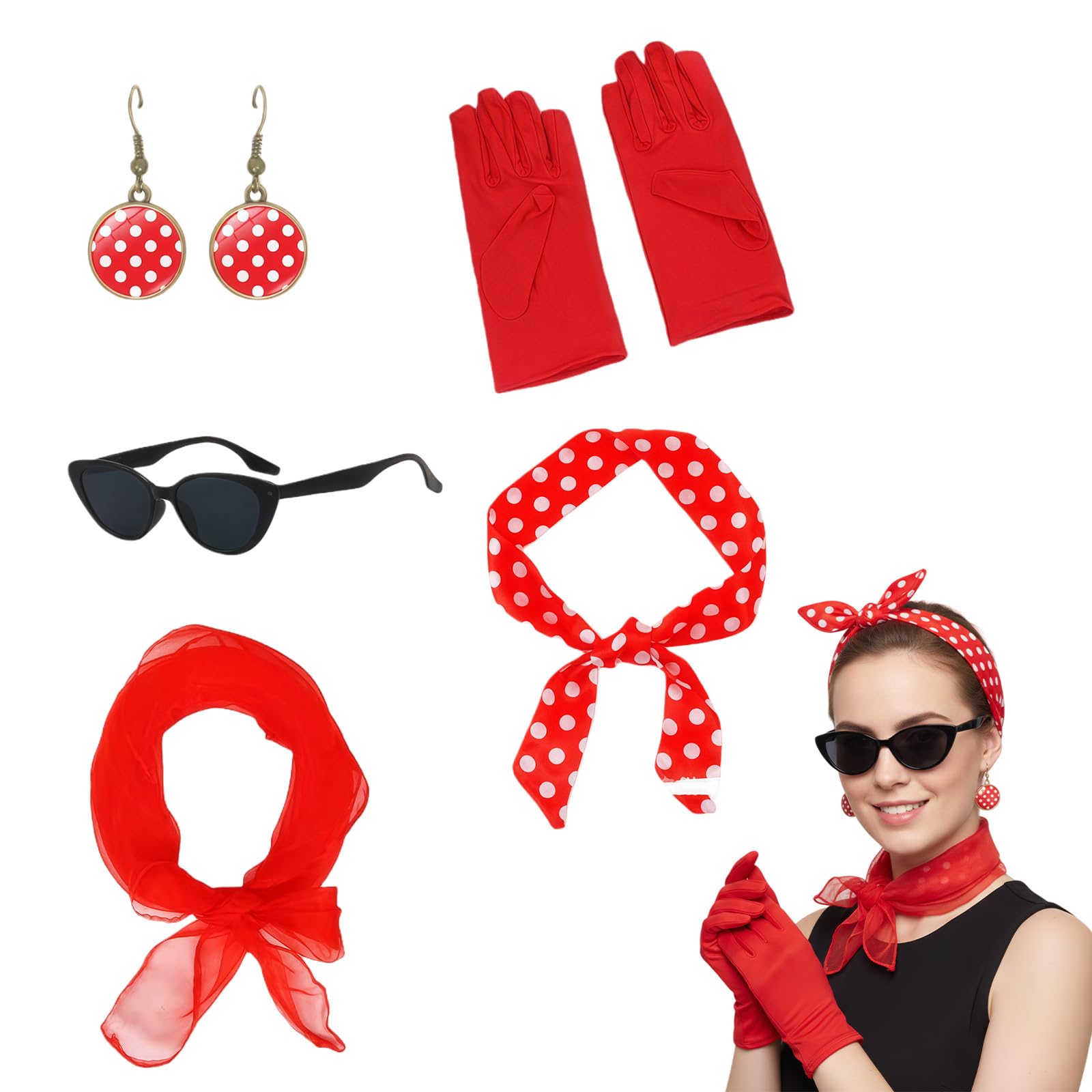 5 Pezzi Set Accessori Anni ’50 Donna – Fascia, Sciarpa, Occhiali, Orecchini e Guanti Vintage – Set Accessori per Costume Anni 50s Donna per Feste, Carnevale e Halloween