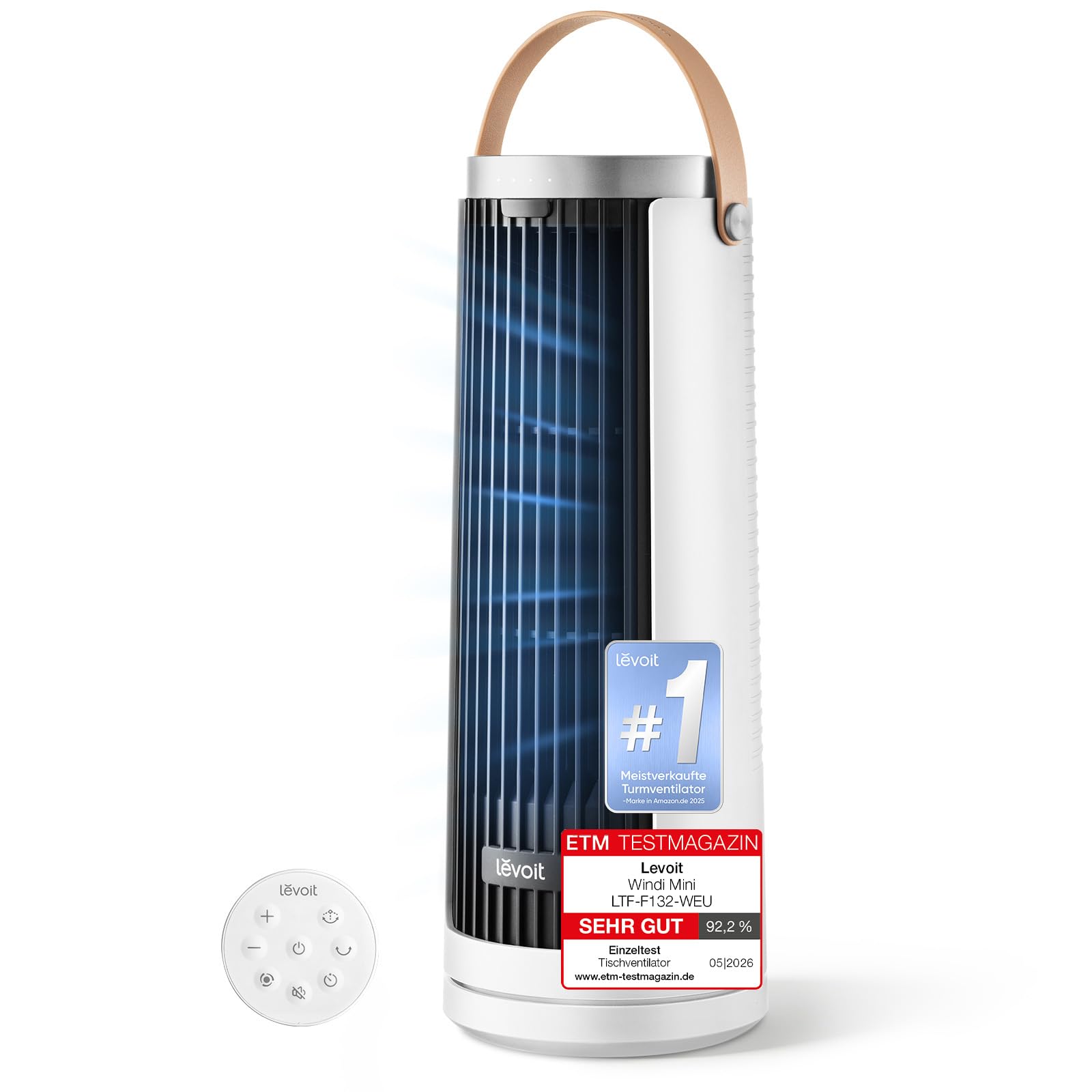 Levoit Kompakt Turmventilator DC Motor leise 20dB 7m/s Kühlung Tischventilator 5 Stufen 90° Oszillation 12 Std Timer Fernbedienung Mondweiß 33 cm