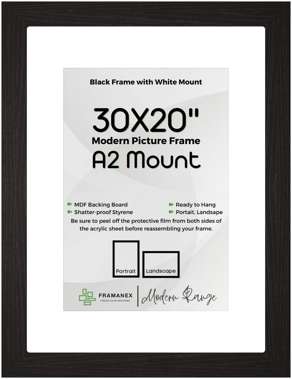 FRAMANEX BLACK Large Picture Poster Frame Size 30 X 20 inch, 76.2 X 50.8cm, 762 X 508mm with White mount to fit image print size A2, 24 X 16 inches, 60 X 42cm, 600 X 420mm [BLACK Frame]