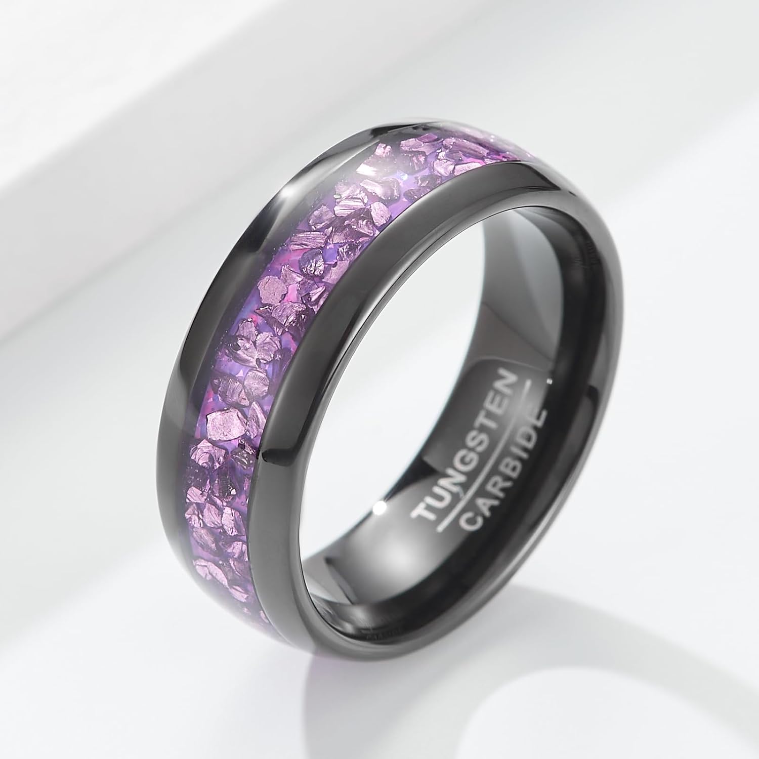 Women's Aurora Wedding Band - 8mm Wide Black Tungsten Ring with Purple Crystal-Style Inlay - Image 2