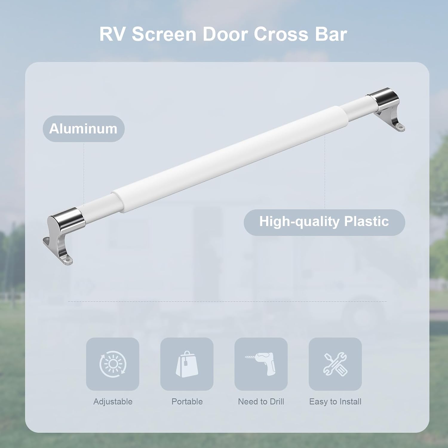 Universal RV Screen Door Cross Bar Handle 21.5" to 32" Adjustable Comfortable Push Grab Rod Support Part Fits Most Campers, Travel Trailers - Aluminum Rod + Zinc Alloy Base