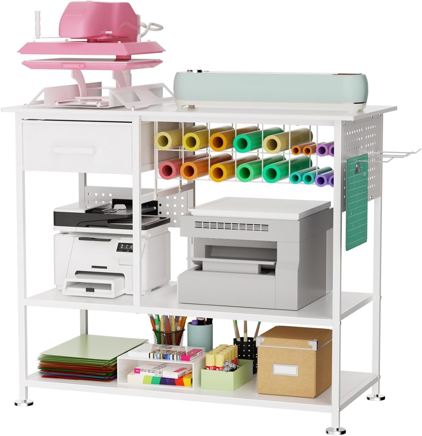 Heat Press Table with Vinyl Roll Storage, Rolling Heat Press Craft Cart with Drawers & Pegboard, White Heat Press Stand Cart Station with Charging Station for Sublimation Printer DIY Crafts