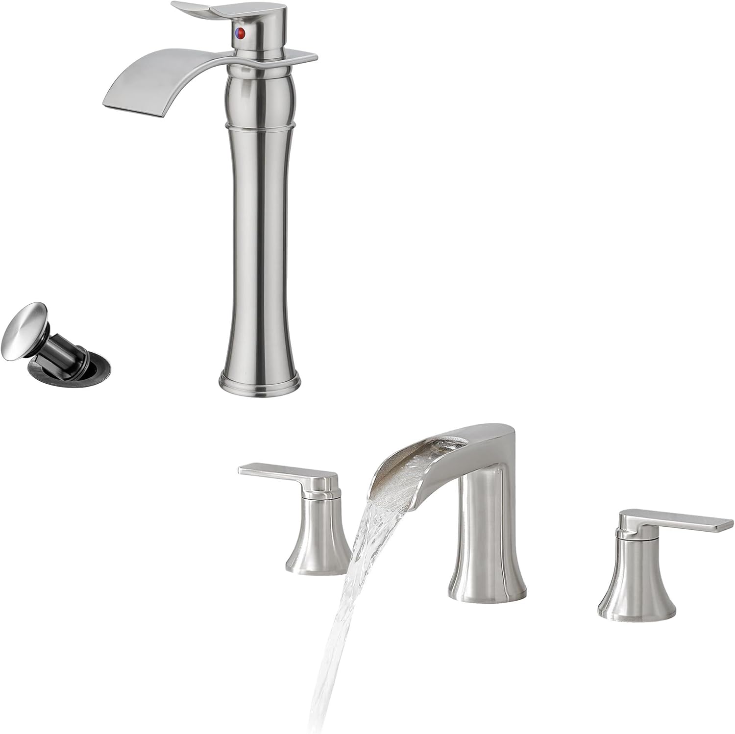 Tall Bathroom Faucet Brushed Nickel Vessel Sink Faucet Waterfall Faucet 1 Handle, Tub Faucet Set 3 Hole Brass Deck Mount Waterfall Bathtub Faucet Set, High Flow Widespread 6-16 Inch Roman Tub Fa