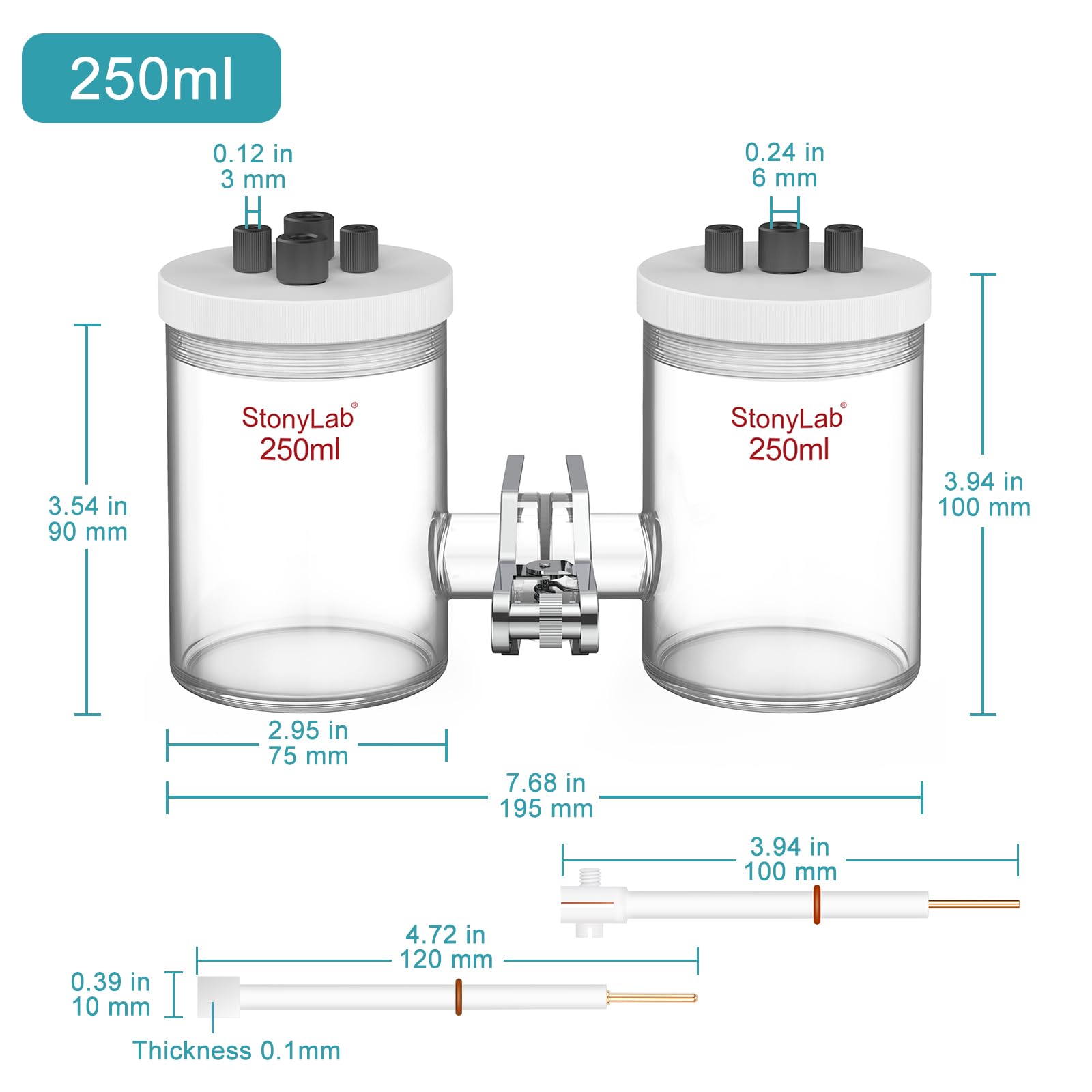 stonylab H-Typ-Elektrolytzellen, Borosilikat Austauschbar Ionenaustauscher-Membran-Elektrolyseur Abgedichtete Elektrochemische Zellen mit PTFE-Deckel und Elektroden, 250 ml