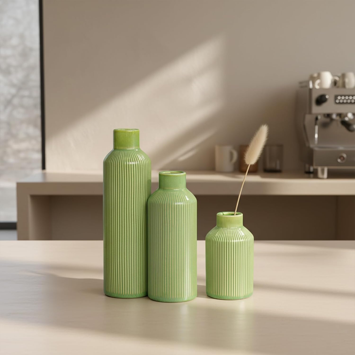 Ceramic Flower Vase Set of 3, Green Modern Vases Home Decor, Small Ribbed Textured Vase, Bathroom, Living Room, Fireplace, Table Decor
