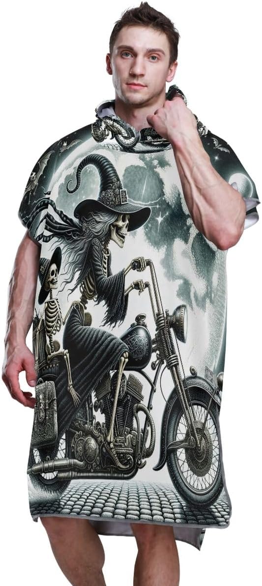 Joisal Halloween Black White Skeleton Surf Poncho Changing Robe for Adul Beach Hooded Bath Towel Lightweight Unisex Adult Poncho with Hood