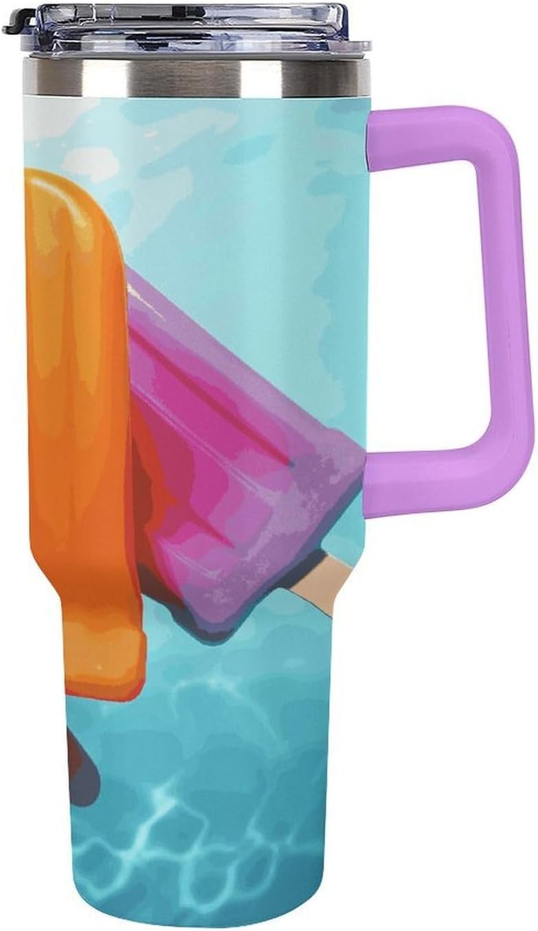 40 Oz Insulated Mug with Handle, Stainless Steel Ice Popsicles Printed Travel Mug Portable Leak-proof Large Car Mug for Home, Office Or Car