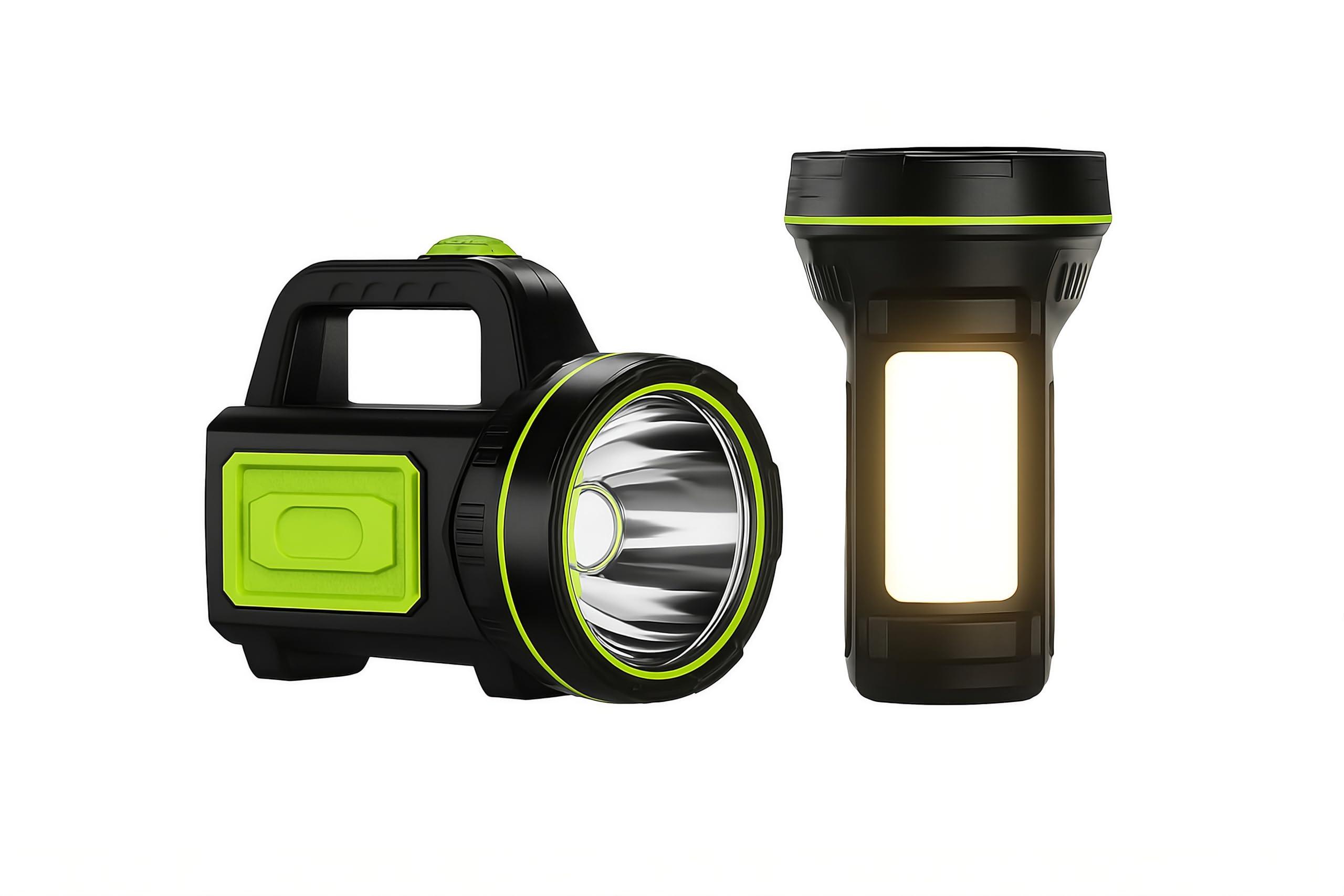 – CAMPSLE Rechargeable LED Hand Torch with Side Lantern – Super Bright Flashlight, 2 Light Modes, USB Charging, Compact IPX5 Waterproof Torch for Camping, Fishing & Emergency Uses.