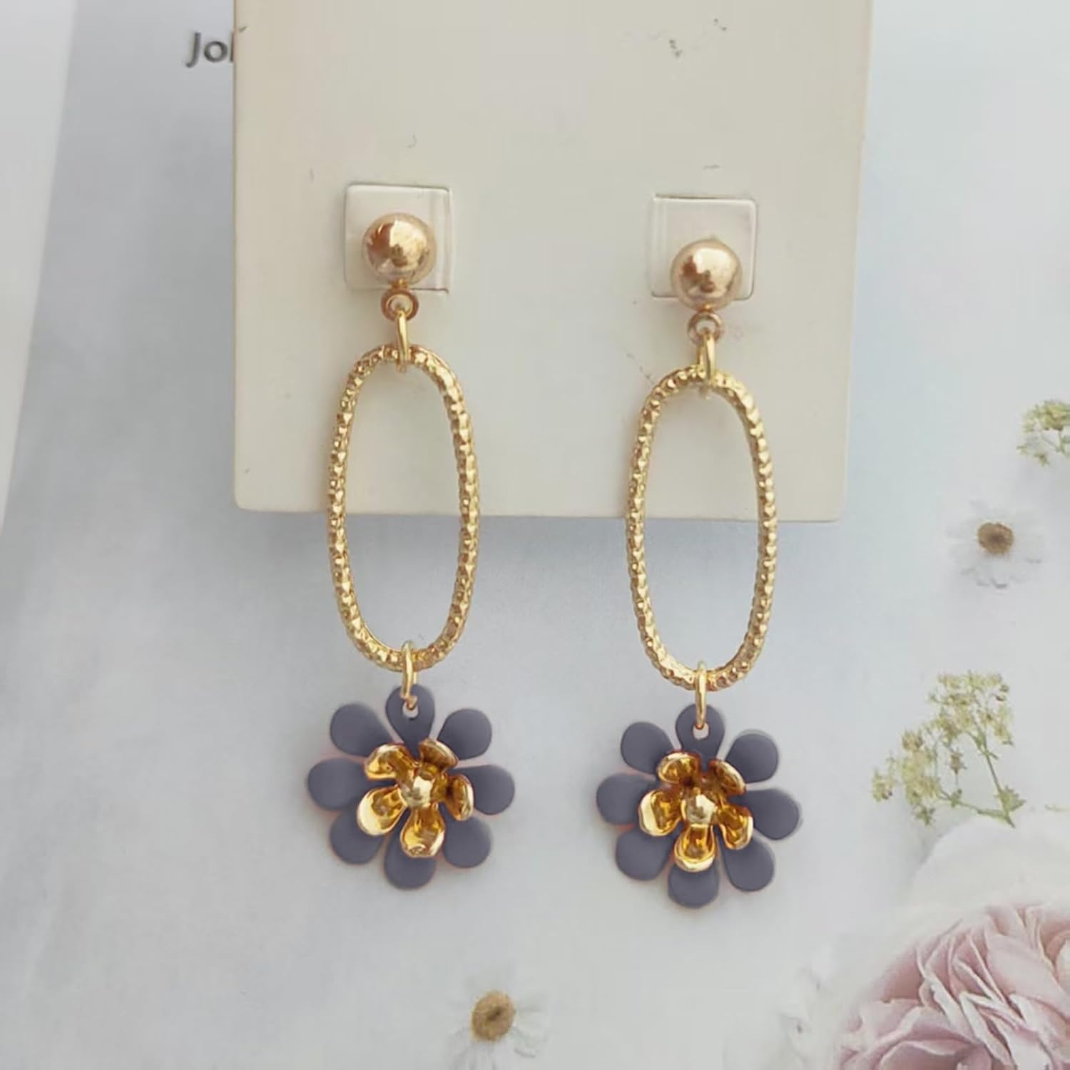 Blue Summer Flower Floral Dangle Earrings Boho 2 Layered Floral Petal Drop Statement Stud Navy Royal Blue Earring for Women - Image 4