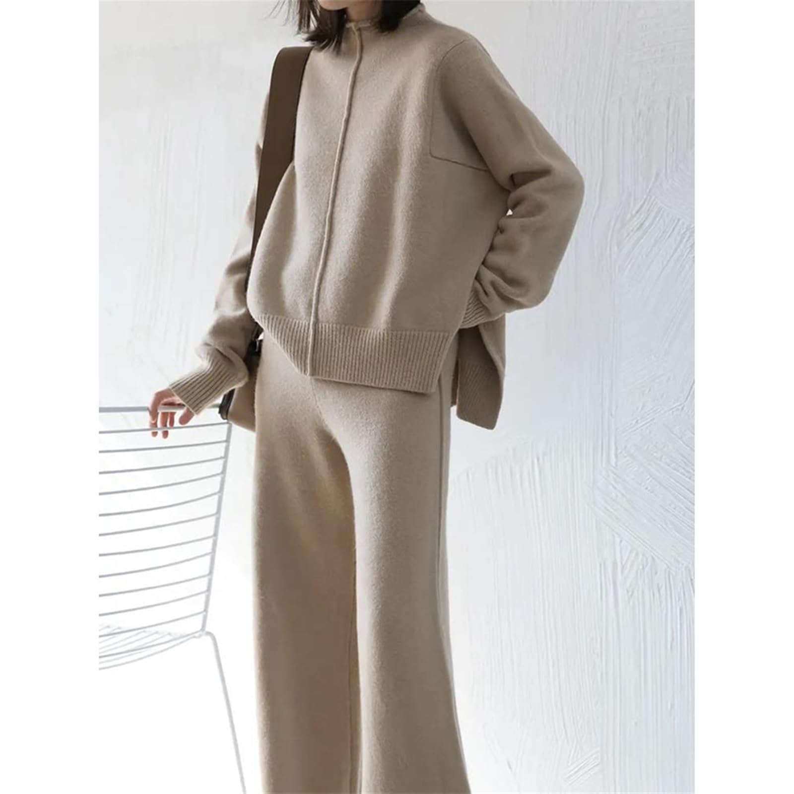 Komplet Odzieży Damskiej 2-częściowy, Elegancki Sweter Ze Stójką, Długi Rękaw + Spodnie, Komplet Oversize, Garnitur Z Dzianiny, Luźny, Ciepły Na Zimę, Na Co Dzień