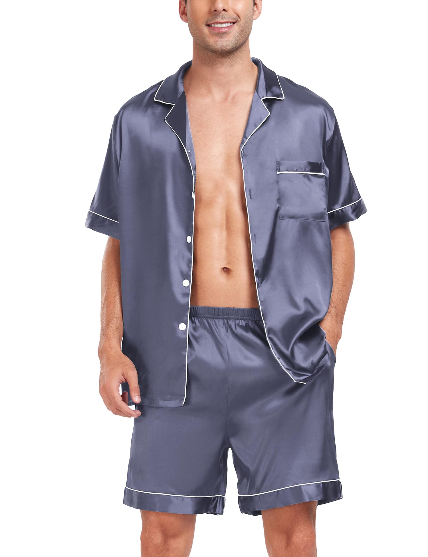 SWOMOG Men Satin Silk Pajamas Sets Short Sleeve Sleepwear Button-Down PJs Sets Two-Pieces Loungewear with Pockets