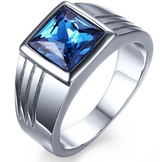 Stainless Steel Square Cut Blue Gemstone Black Onxy Wedding Statement Party Ring