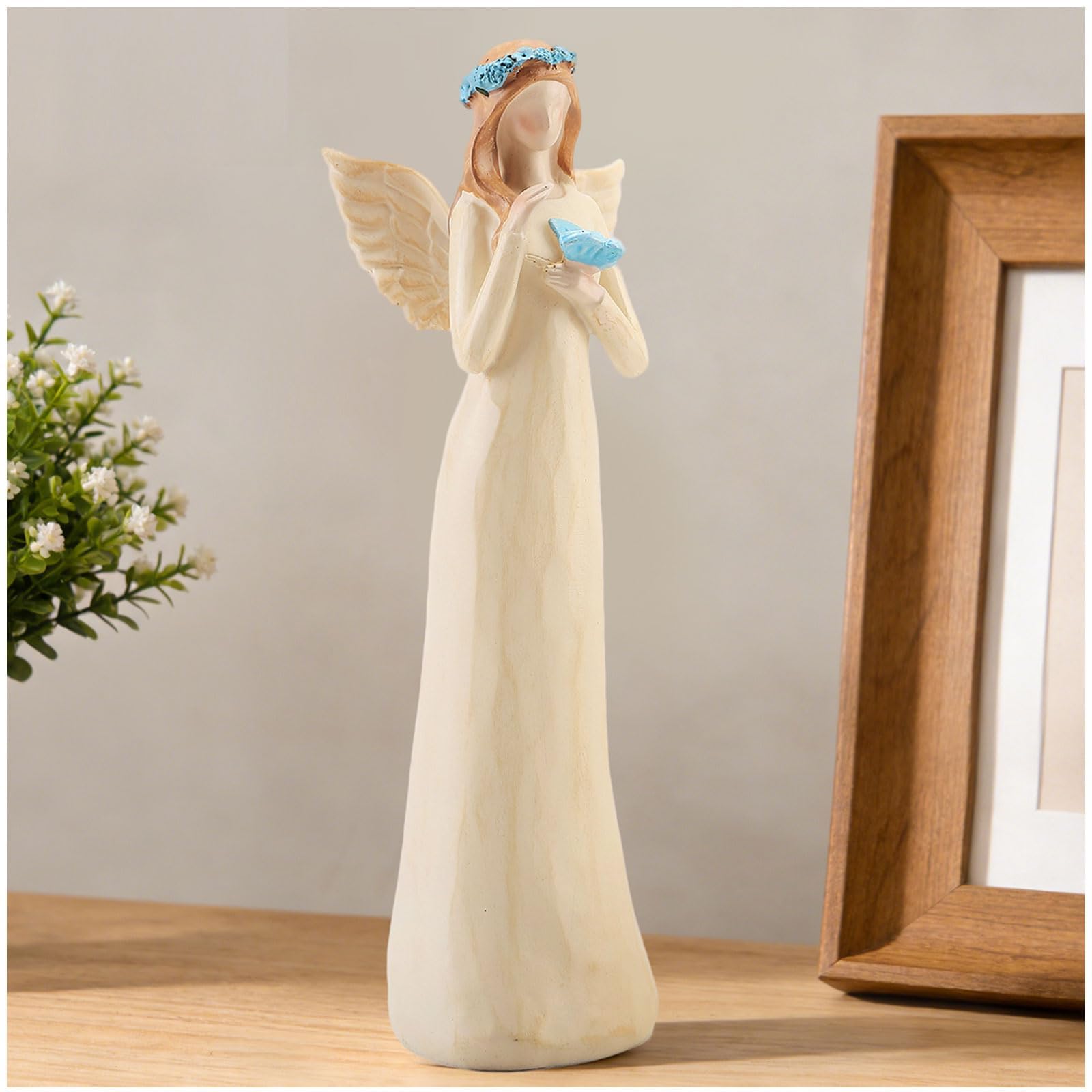 Mantaoilfe 10.83" Guardian Angel Figurine Holding Butterfly, Resin Angel Statue, Religious Home Decor for Shelf, Mantel, Bedroom, Memorial Ornament for Mum, Women, Family