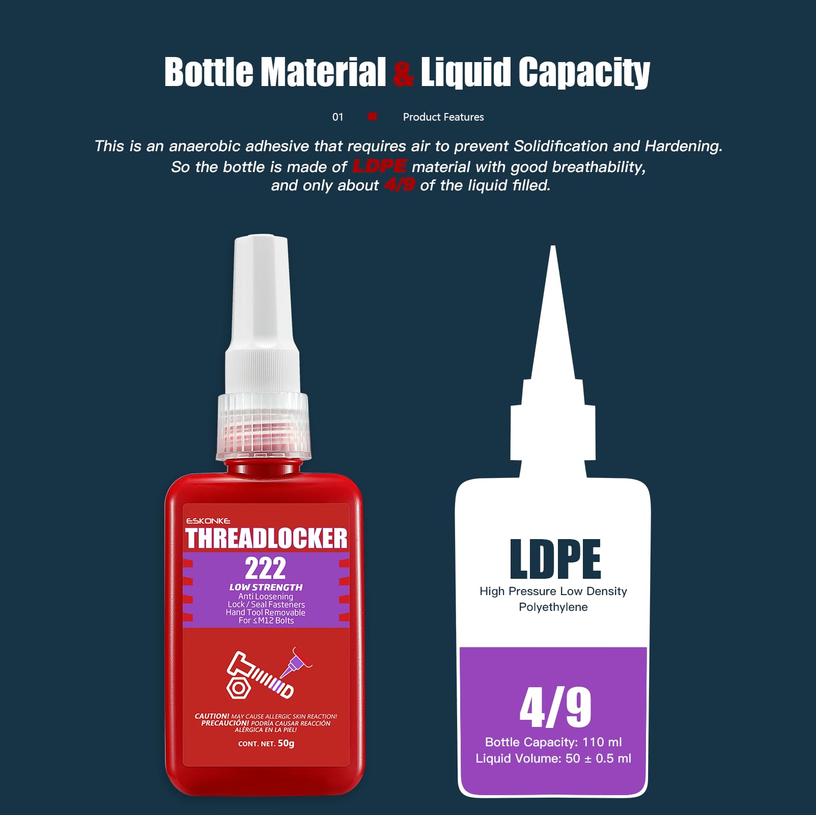 ESKONKE Thread Locker Purple 222 - Removable Threadlocker Metal Glue for Nuts, Bolts, Fasteners Screw Compound to Prevent Loosening & Corrosion 1.69 Oz/50 ml